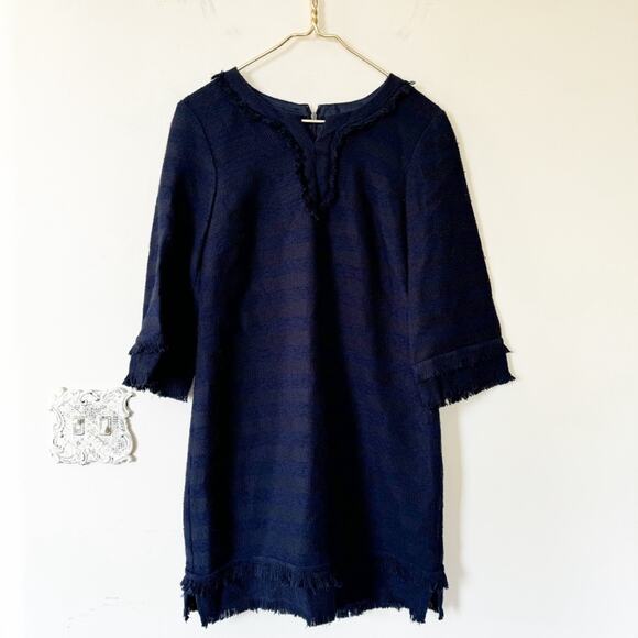 NWT Trina Turk Lorossa Navy Striped Tweed Fringe Shift Dress 8 - Picture 2 of 7